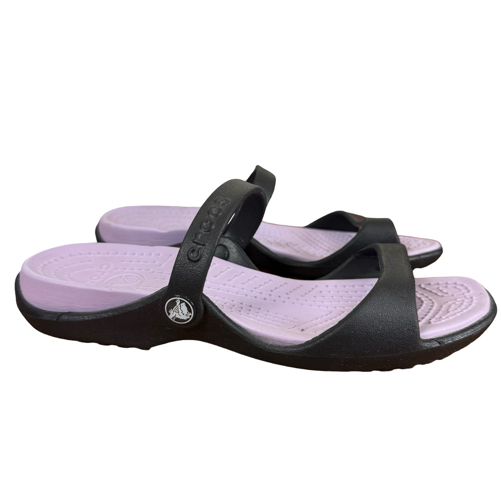 Crocs Cleo Slides Sandals Slip On Rubber Comfort Shoes Flats Lavender Black 9